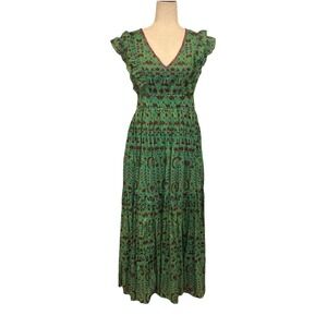 Sundance Mystic Mosaics Green Sleeveless Ruffle Maxi Dress Women's Small